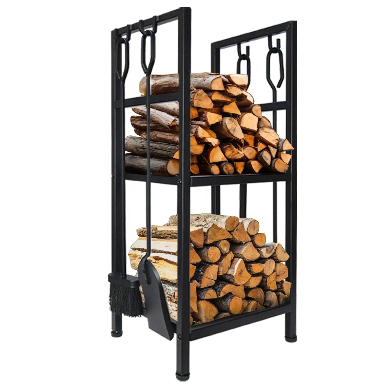 Fireplace Chimney Accessories Kit 4pcs Metal Firewood Carrier Stand Wood Stove Log Holder Rack with Fireplace Tools Set