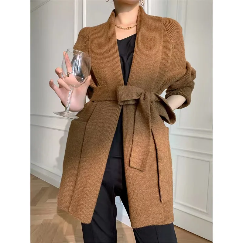 Thick bathrobe slouchy knit sweater jacket medium length alpaca cardigan with lace-up