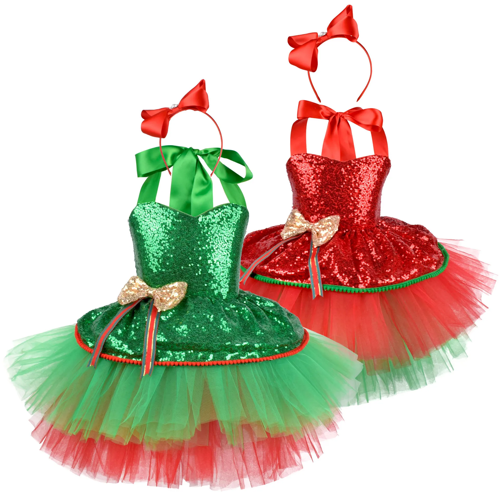 Factory Price Kids Girls Shiny Sequins Christmas Dance Dress Santa Claus Costumes Ballet Tutu Dress