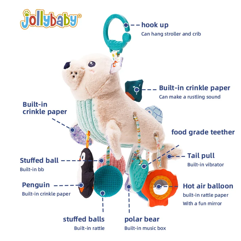 Custom Plush Animal polar bear woodpecker Rattle montessori pull string toy Car seat Stroller Hanging Toy Play Jitter toys