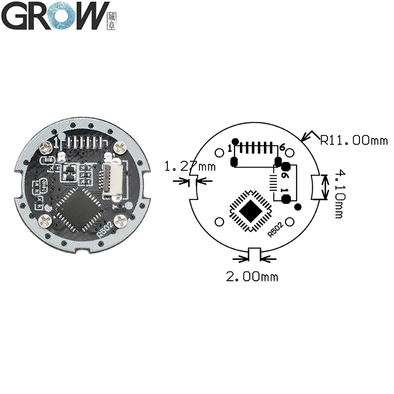 GROW R502-B Flat Cable FPC 0.5mm 6pin UART DC3.3V Small Round LED Capacitive Fingerprint Module Access Control Arduino