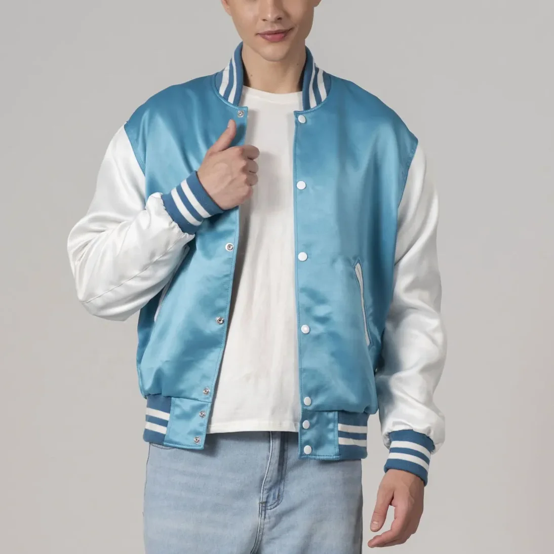 Performance Men Sky Blue Satin Varsity Jackets with White Sleeves Comfort Sport Leisure Wear Polyester Fashion Jacket for Spring