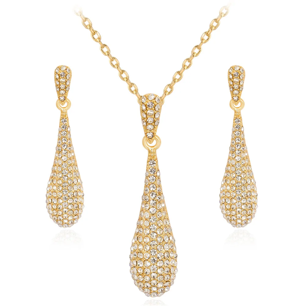Wholesale In Stock Two-Piece Fashion Diamond Drop Gold Plated Luxury Dubai Italian Earrings And Necklaces Set