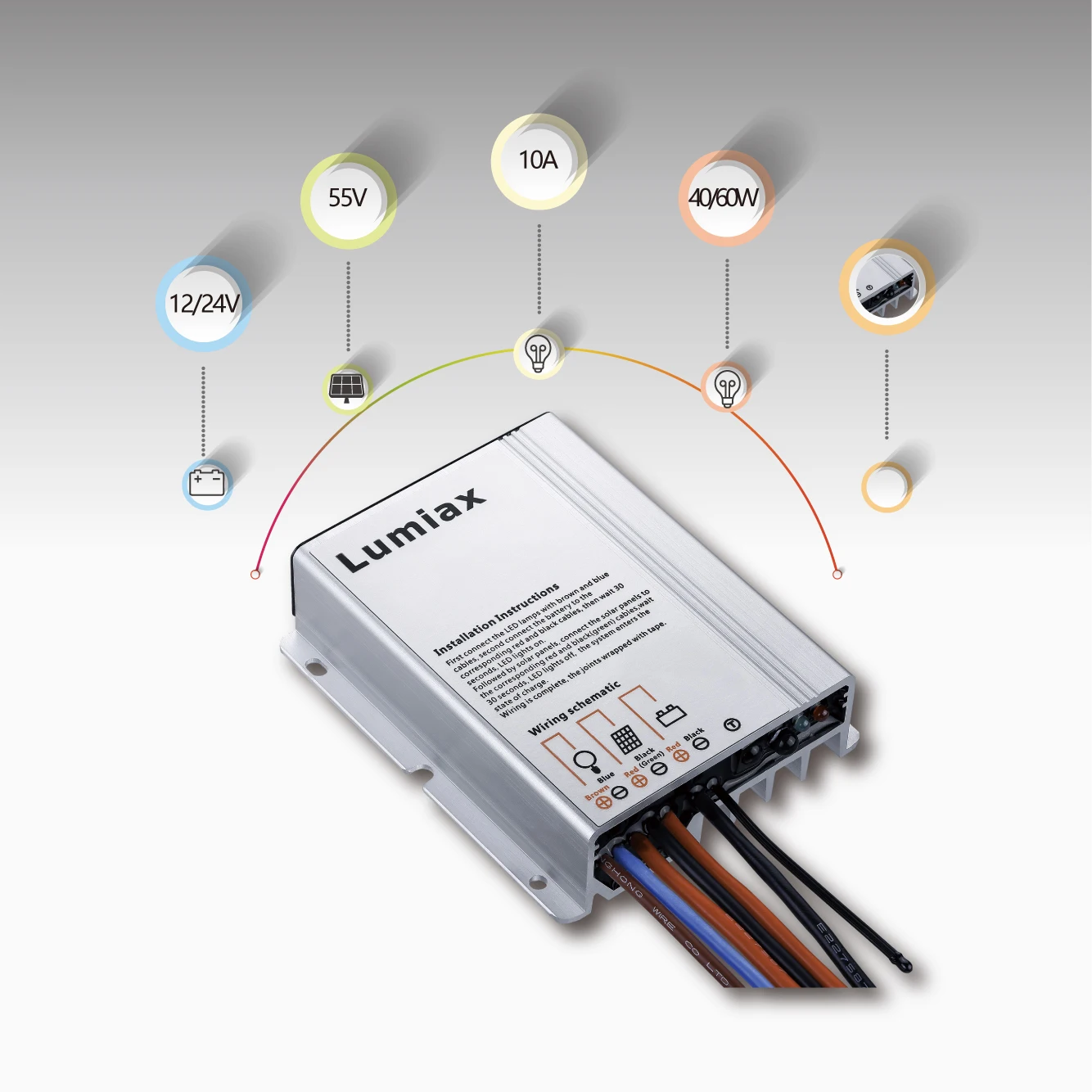 Светодиодный контроллер солнечного уличного освещения, 12 В, 24 В, 40 Вт, 60 Вт, 10 А, lifepo4