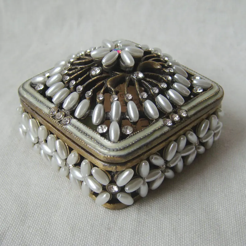 Square Bronze White Pearls Beaded Zinc Alloy Metal Jewelry Trinket Box(#P05409a2)