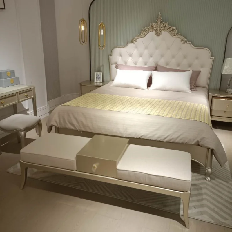 French Luxury Romantic Princess Double Golden Beds Wedding King Size Bed Dresser Bedroom Sets Wooden Frame with Upholstered Bed