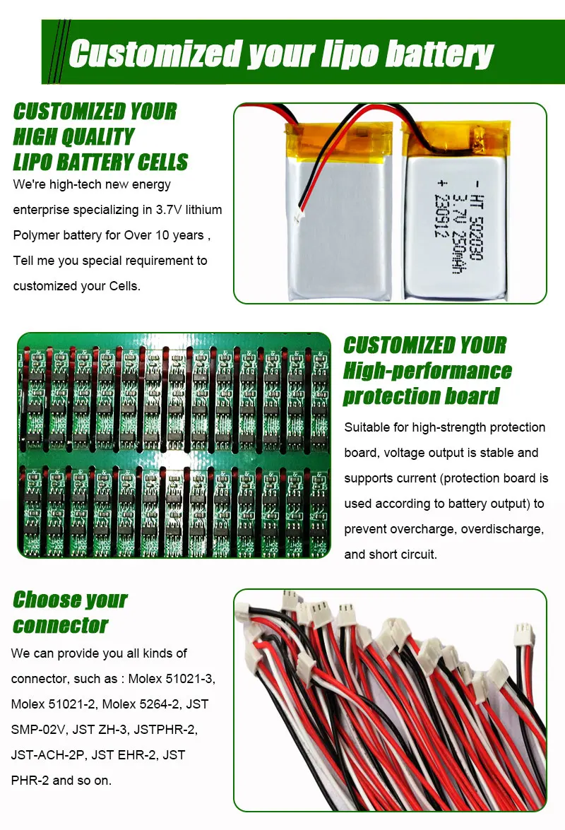 OEM Customized Lithium Polymer Battery 3.7v 250mAh 502030 Rechargeable Lithium ion Polymer Battery Pack