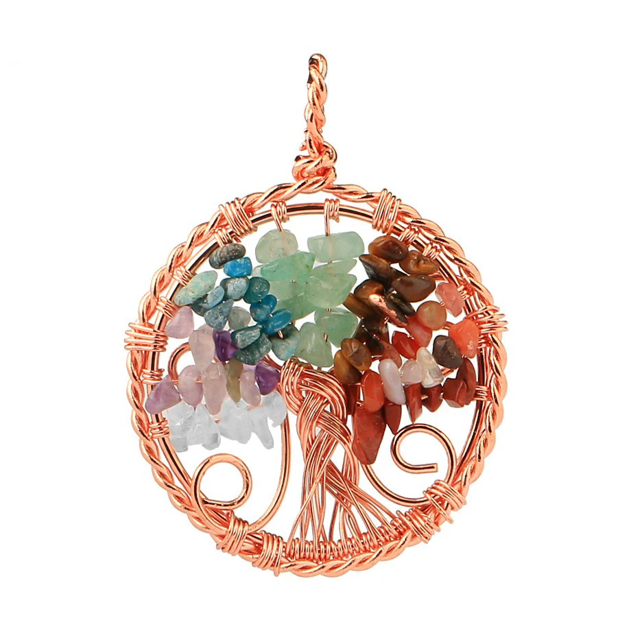 Handmade Copper Wire Wrapped Natural Amethyst/Rose Quartz/Tiger Eye Stone Necklace Pendant Jewelry For Women