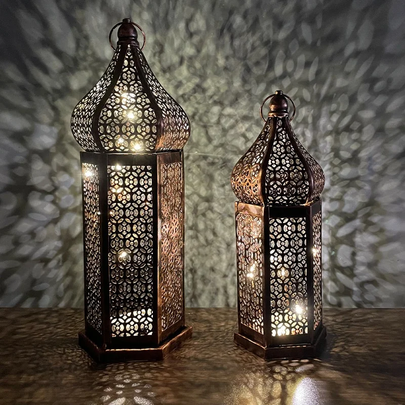 Wholesale Moroccan Style Hollow Out Battery Powered Metal Led Lanterns For Decorative Eid Ramadan Ornaments