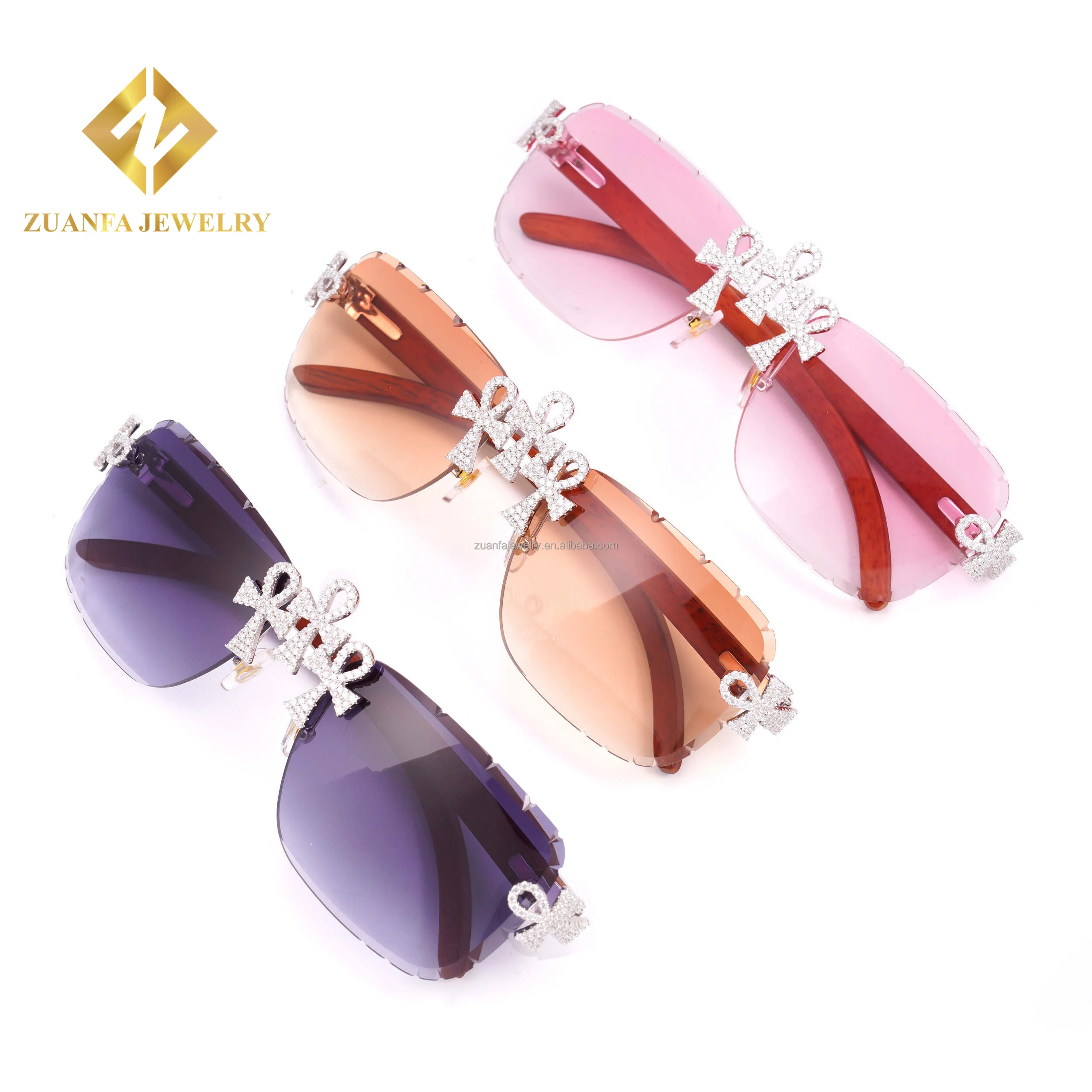 New Cross Style Hip Hop Moissanite Sunglasses Custom Men Wooden Temples Iced Out Colored Lens Glasses Silver Moissanite Glasses