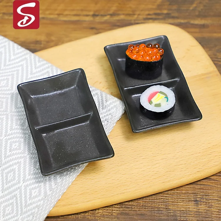 Ceramic Appetizer Serving Tray Divided Serving Platter Chips Dip Sauce Dishes 2 Compartment Snacks Dishes Tray for Spices Black