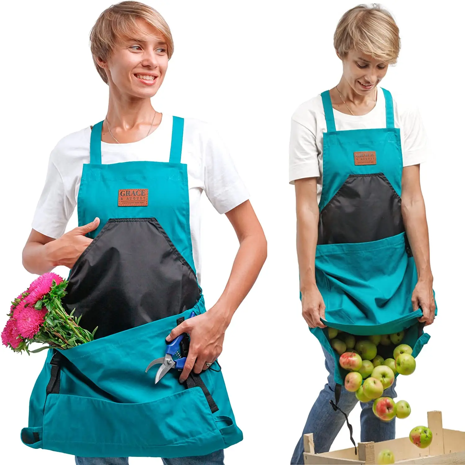 Strong Canvas Gardening fruit apron with pockets for women & men with harvest pouch and crossback straps