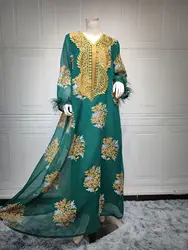 LYZAb214 2022 Muslim Summer New Middle East Dubai Gold Flower Embroidered Ostrich Abaya Lace Big Long Dress