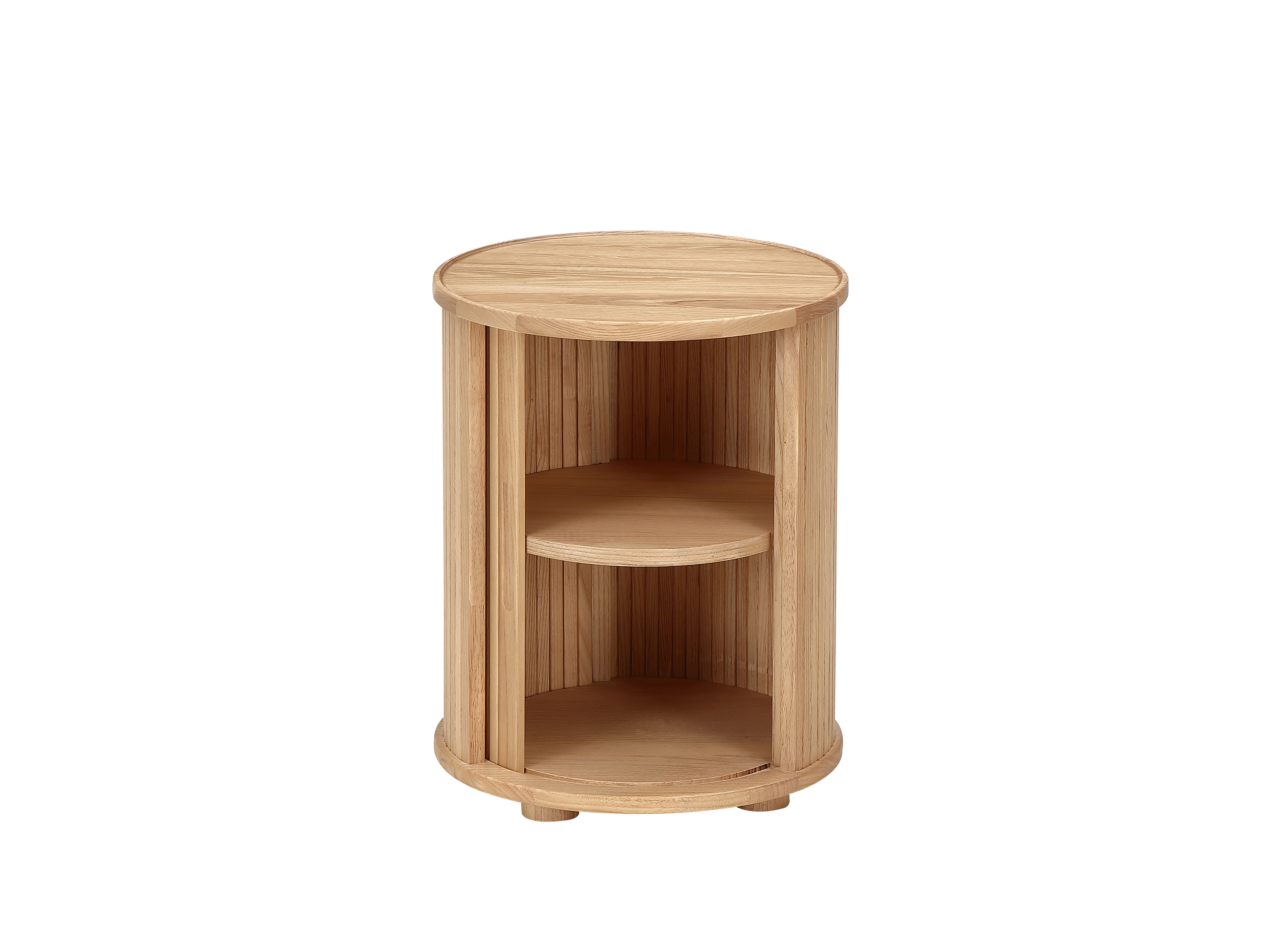 Ribbing Sliding doors Solid Natural ash wood Round Bed Side Table with 2 layers Nightstand Bed End Table Storage Bedroom Furnitu