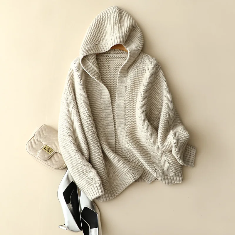Custom Winter Women Cashmere Wool Hooded Cable Knit Thick Outerwear Solid Cashmere Sweater For Women Cashmere Cardigan