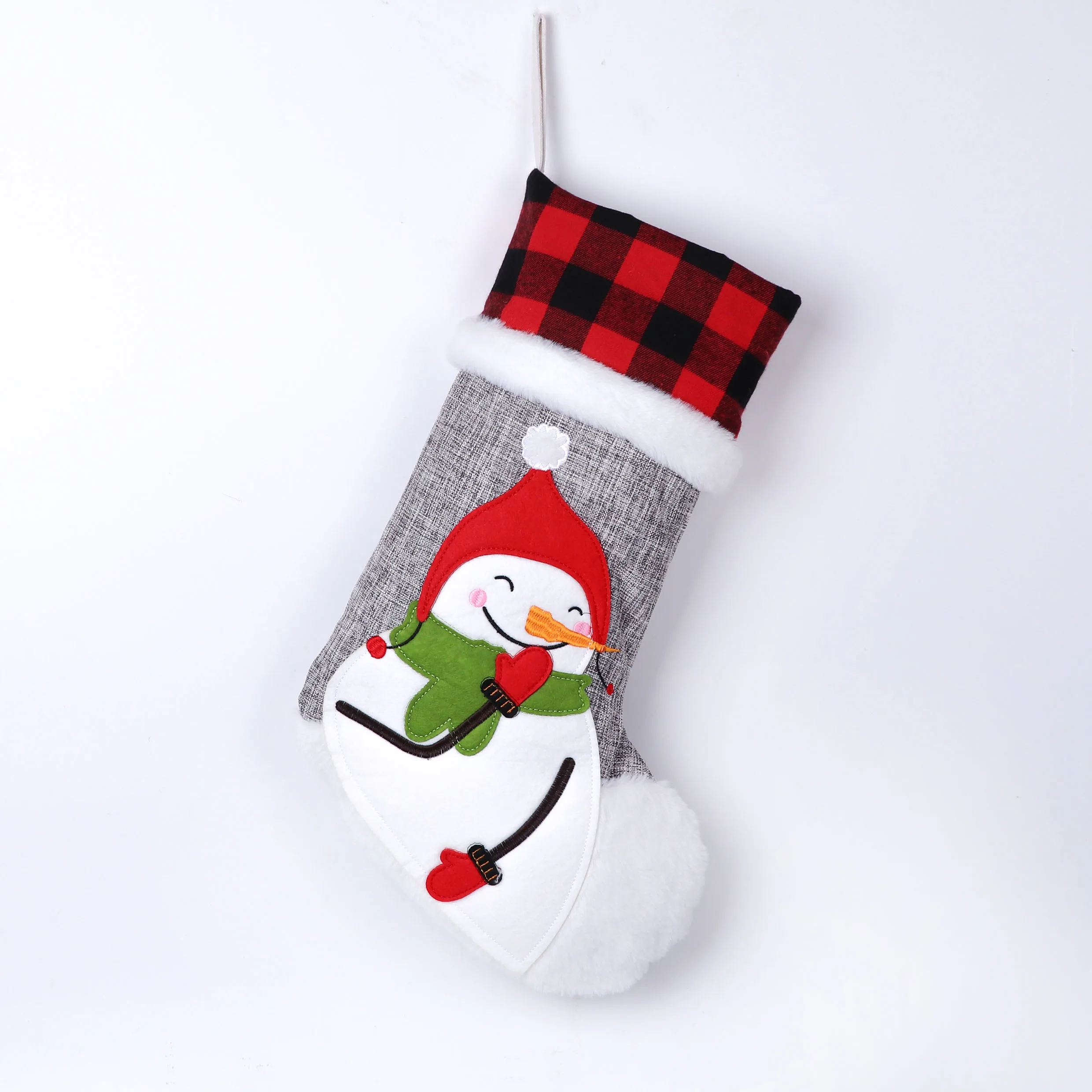 
Original Design Embroidery Grey Burlap Bufflo Red Plaid Christmas Stocking in Bulks Hanging Ornament 
