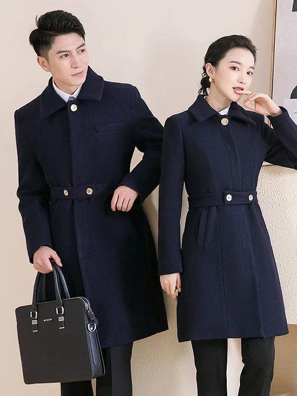 2024 OEM Custom men uniform custom logo polyester flight attendant tweed coat men hotel service clothes warm men work uniforms