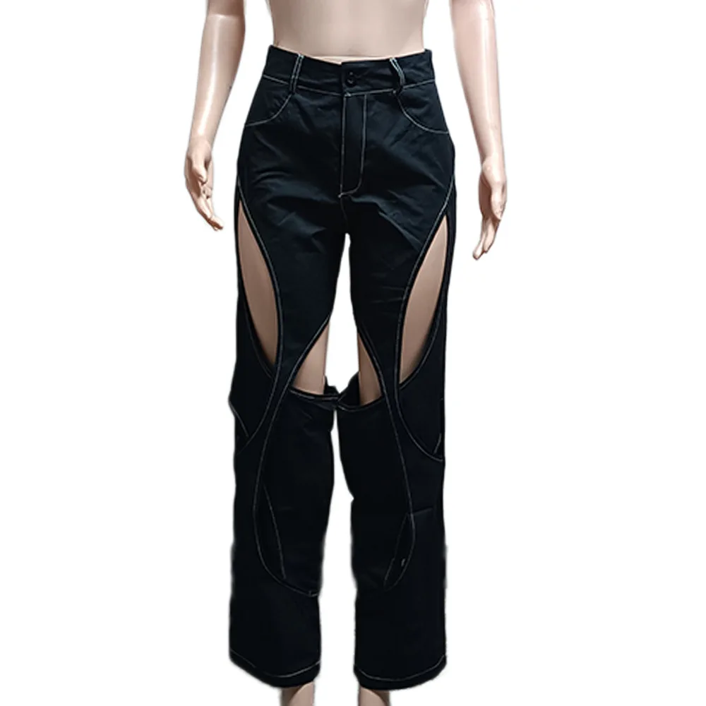 Fashion casual cut out hollow cotton high waist wide leg pants straight pants