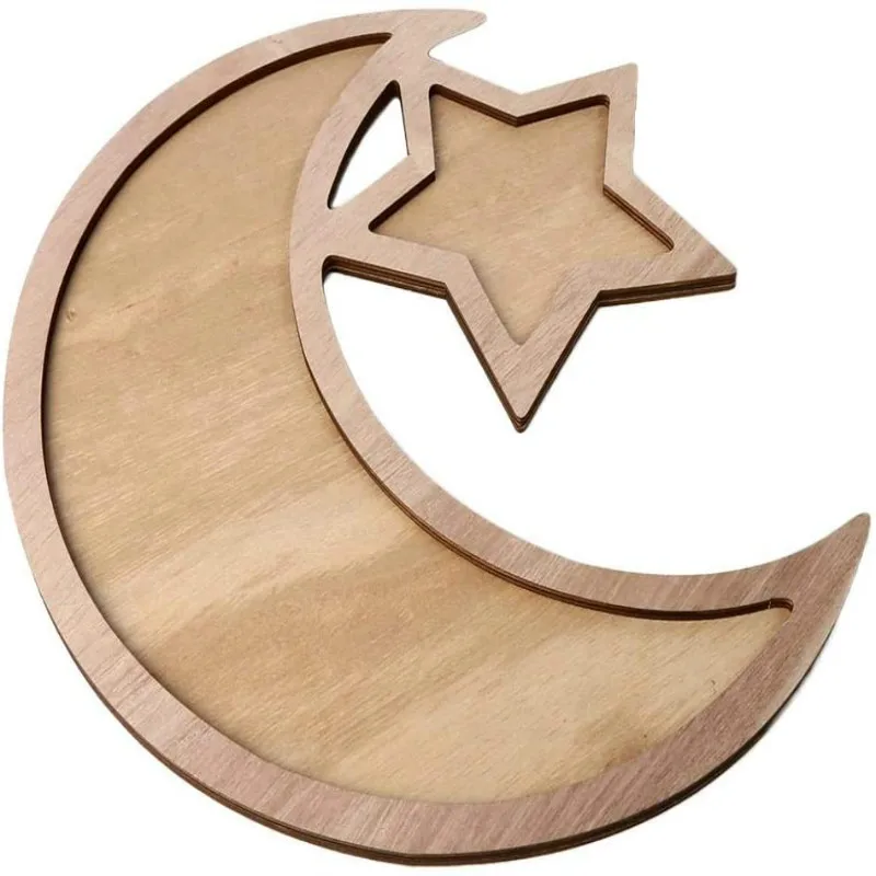 
Wooden Moon Star Tableware Tray Display Eid Mubarak Party Serving Ramadan Decoration 