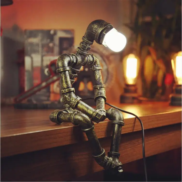 Industrial Retro Metal Spraying Pipe Fittings Toy Lamp Robots For Living Room Decoration