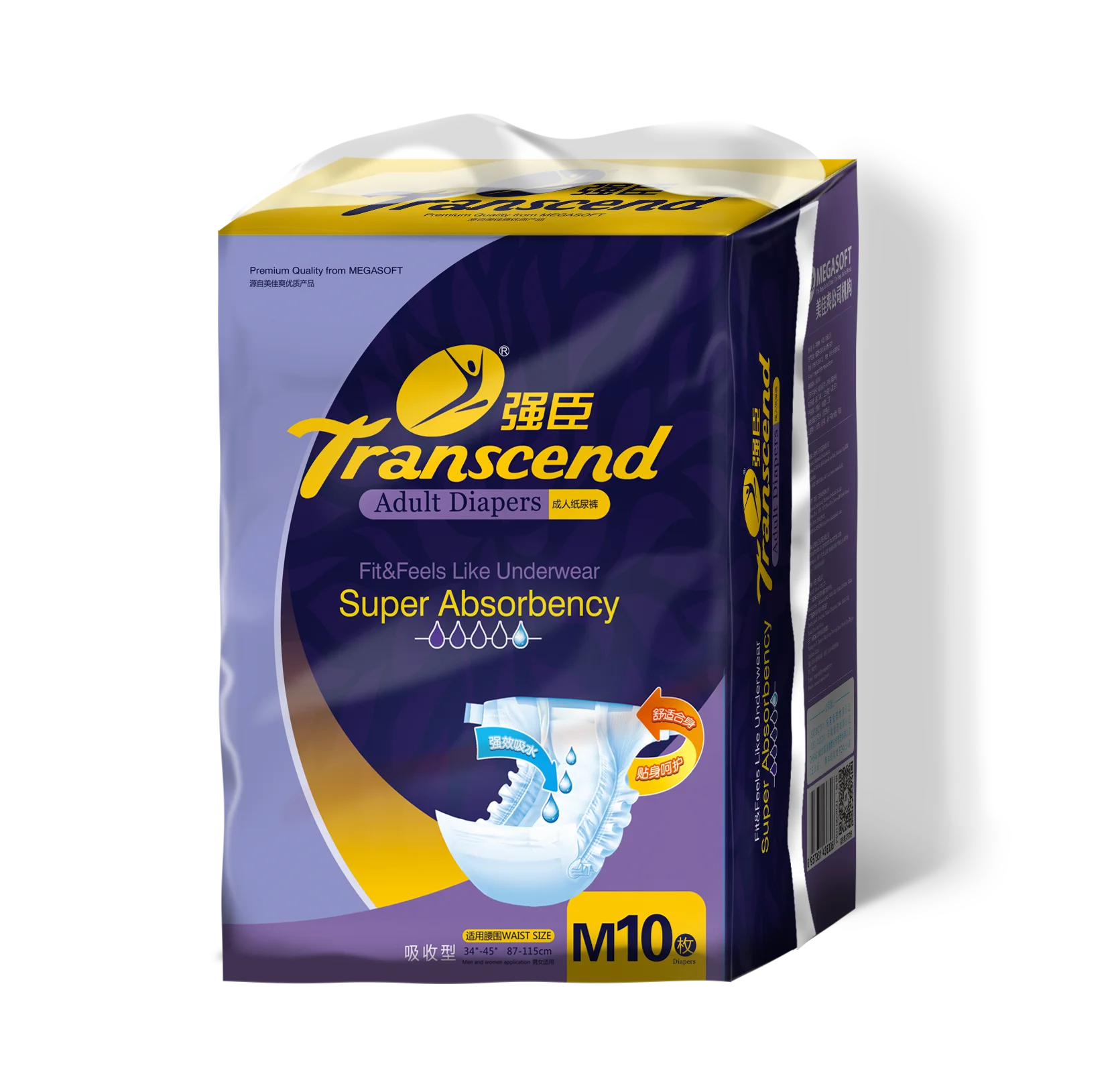 Подгузники для взрослых/Размер M 10 штук-Megasoft Transcend одноразовые подгузники взрослых PE Backsheet Premium Quality