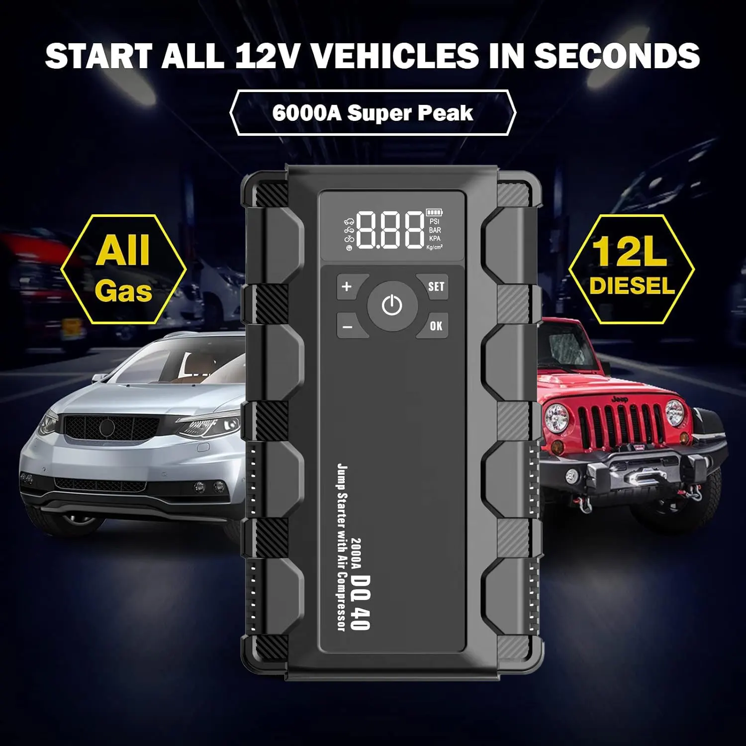 Portable 6 In 1 Car Battery Pack Booster Charger 11100mah Car Starter Air Compressor Output Car Jump Starter