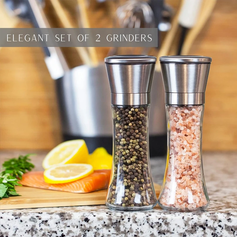 Stainless Steel Manual Pepper Grinder Bottle Automatic Pepper Mill Adjustable Refillable Salt and Pepper Grinder Set with Stand