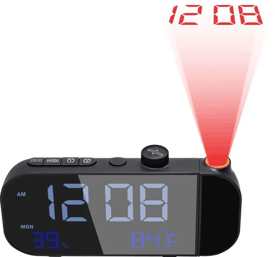 Projection Alarm Clock Digital Temperature Clock FM Radio Voice Control to Brighten Screen Clear Projector Display for Bedroom