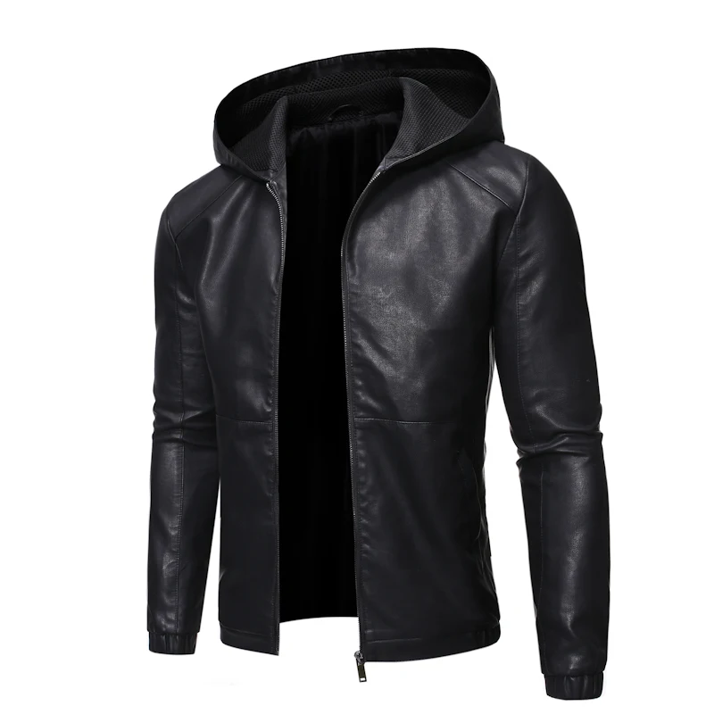 
wholesale Water washing PU Faux leather jaket windbreaker hoodie jacket coat with zipper hood jacket 