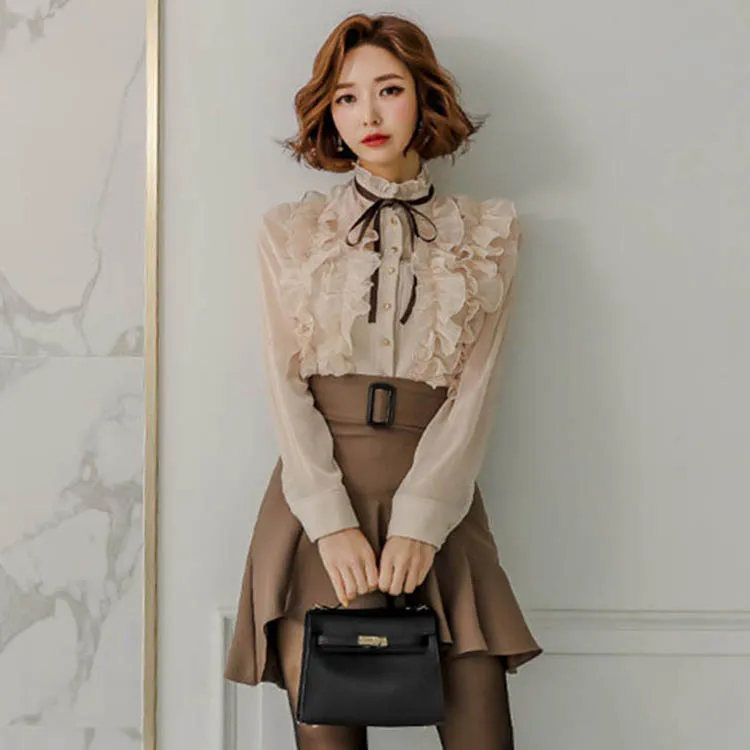 Casual lace button cardigan shirt top ruffled belt waist asymmetric skirt mini skirt suit