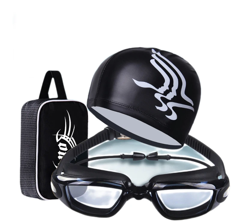 Adult Swimming Glasses Kit Coated Lens Anti Fog Swim Goggles + Cap + Case + Nose Clip + Ear Plugs+Storage bag
