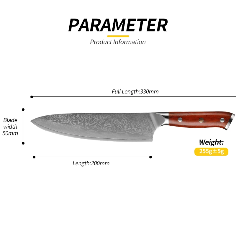 Professional 8 inch High Quality vg10 67 Layers Damascus Chef Knife Yellow Sandalwood Handle Damascus Chef Knife