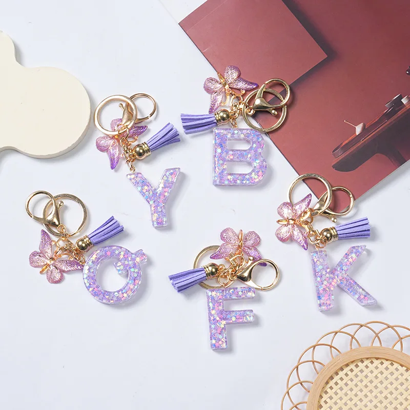 Fashion Alphabet Initial Letter Keychain Tassel Butterfly Pendant Key Ring for Purse Handbags Women Girl