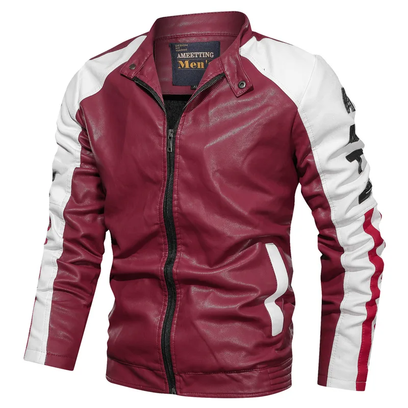 
Wholesale Amazon New Style Stand Collar PU Jacket For Men,Washed Combined Slim Leather Jacket Motorcycle Coat 