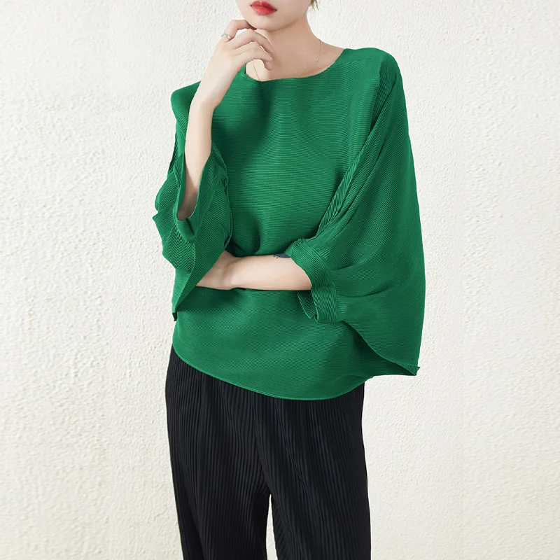 In Stock Fast Shipping Summer Hot Sale Miyake Pleated Bat Sleeve Shirt Loose Pleated T-shirt