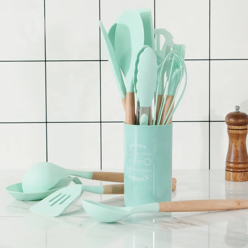 Wooden handle silicone kitchen utensil cooking spoon spatula colter spatula wooden handle silicone kitchen utensil set