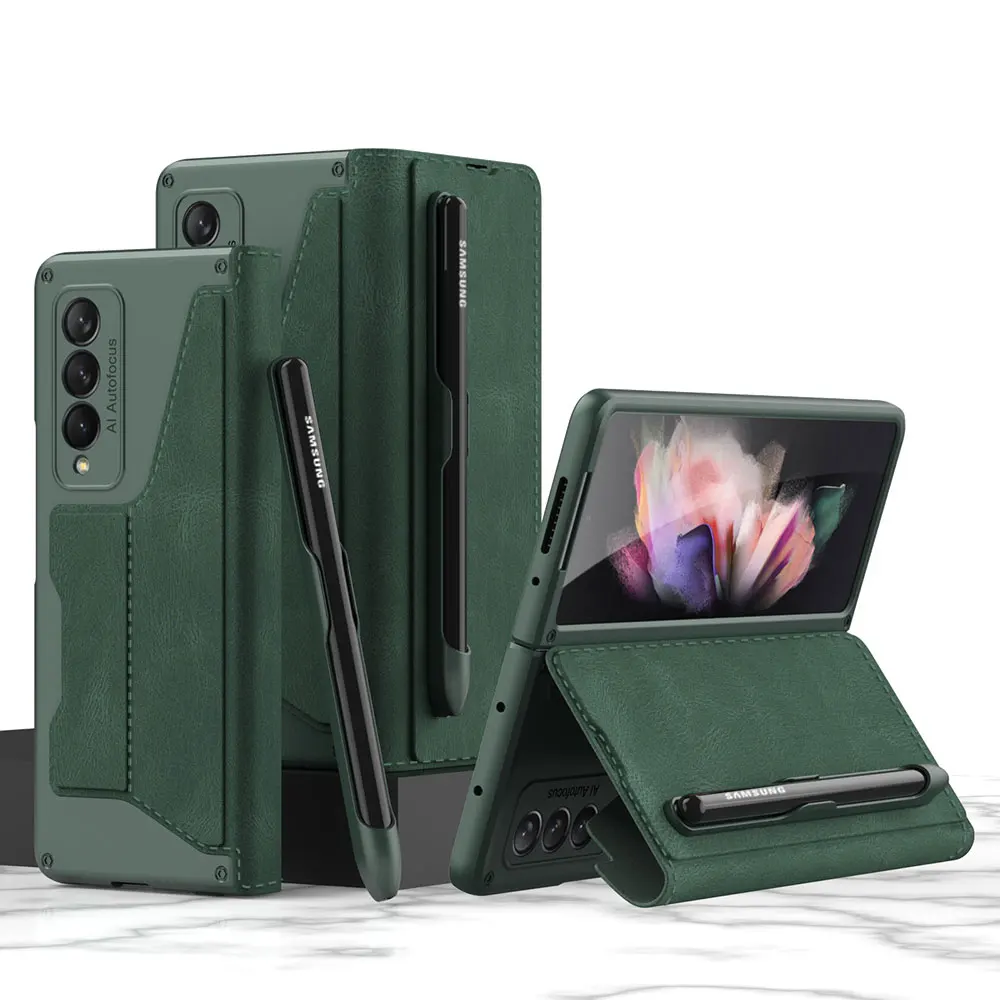New Microfiber Foldable Flip Protective Phone Cover for Samsung Galaxy Z Fold 3 Wallet Pen Slots Multifunctional Cellphone Case