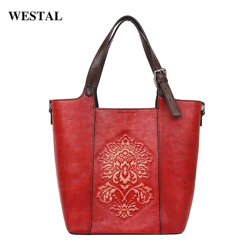 First Layer Cowhide Leather Vintage Embossed Character Stylish Handbags Custom Logo Messenger Tote Bags