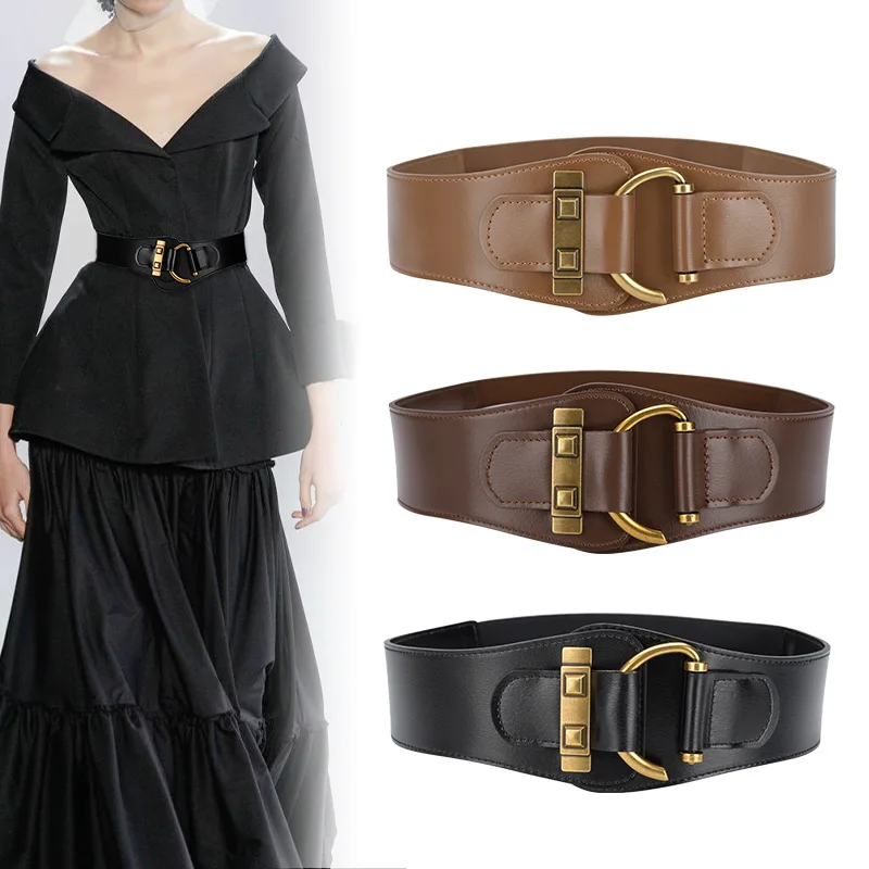 hot sale lady elastic and cow leather over wide fashion dress coat belt