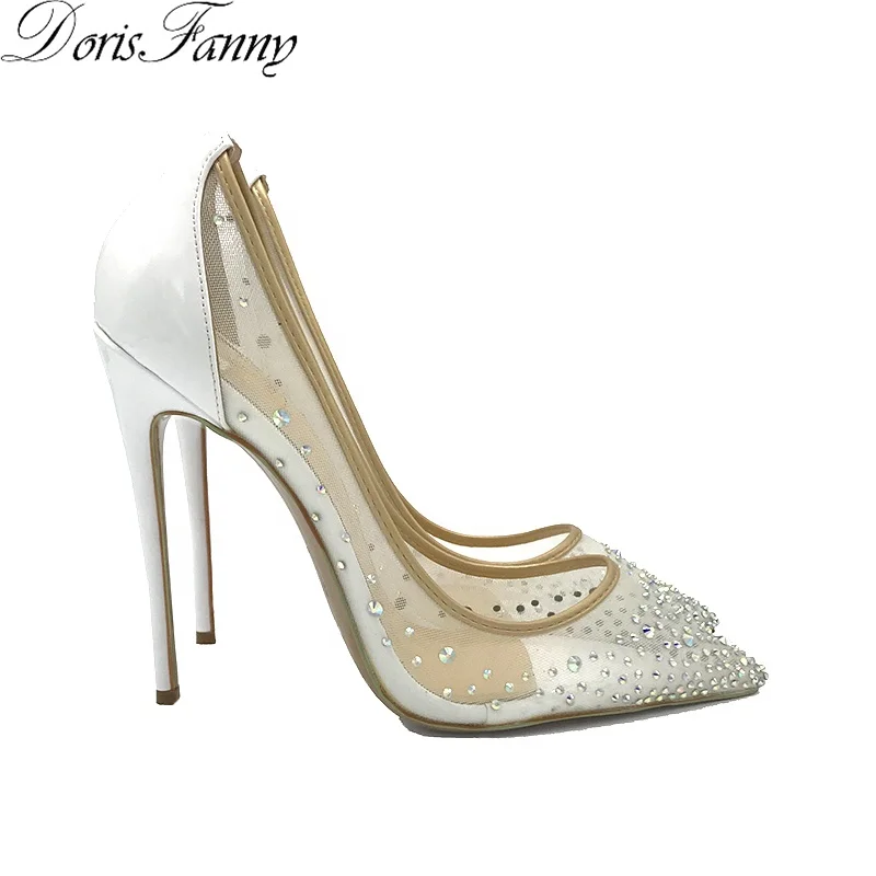 Wholesale High Quality Crystals Sexy White Mesh Lady Stiletto Heels Pump Bridal Party Wedding Shoes For Bride