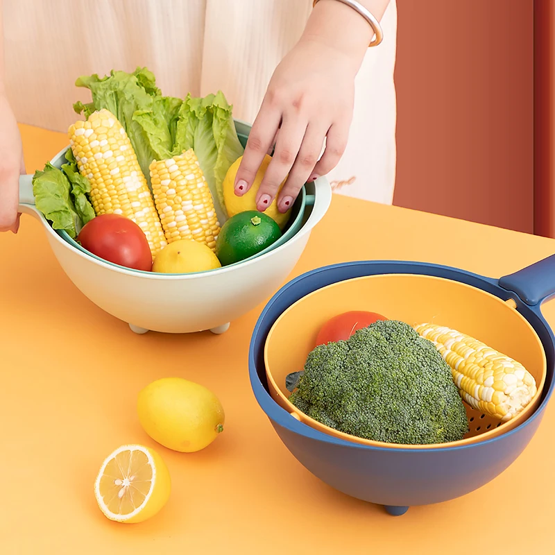 Double-Tier Plastic Kitchen Fruit Vegetable Drainer Colander Basket With Long Handle Rotating Plastic Drain Basket