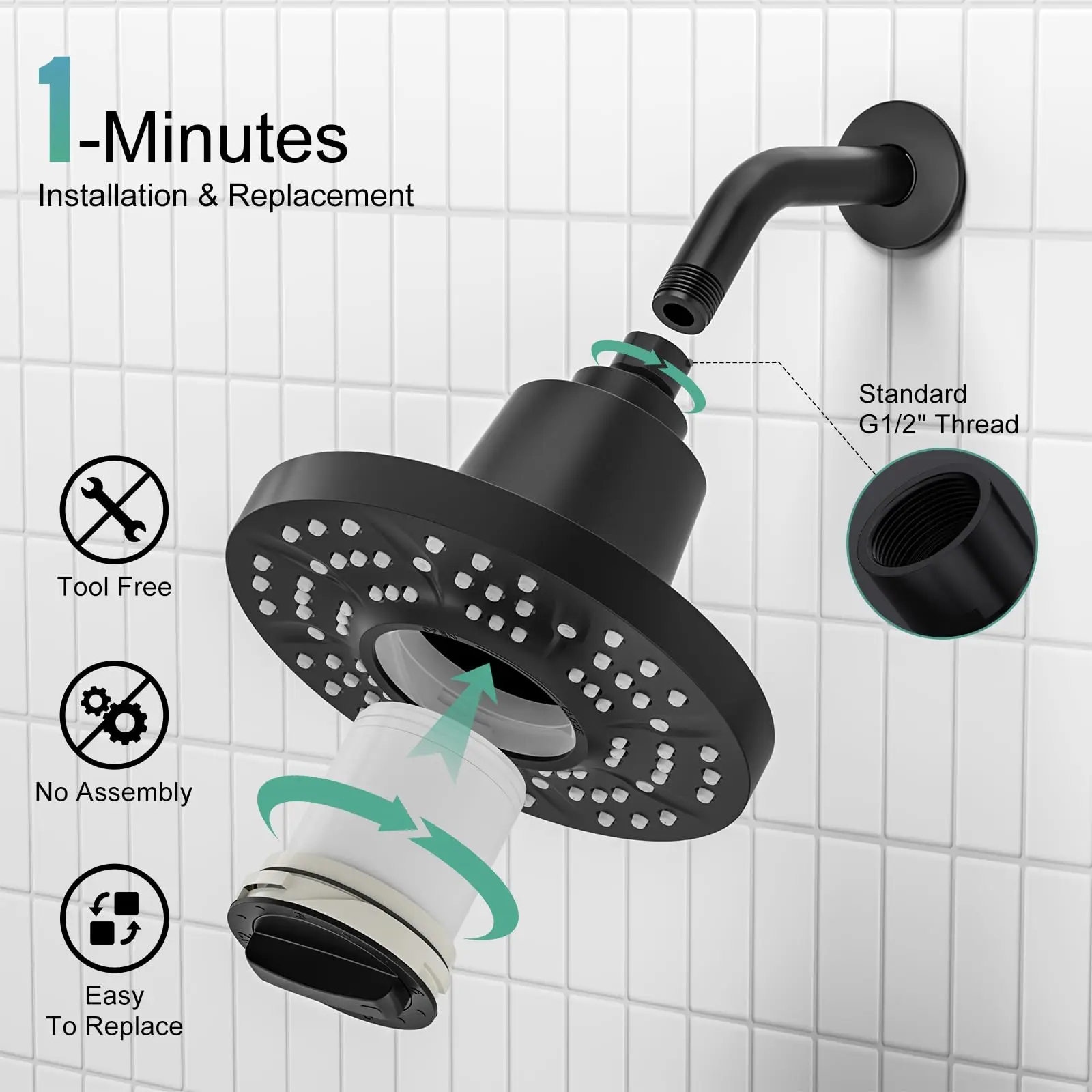 Matte Black 7 Inch Anti-Clog High-Pressure Filtered Shower Head with 20-Stage Filter Filtered Rain Shower Head