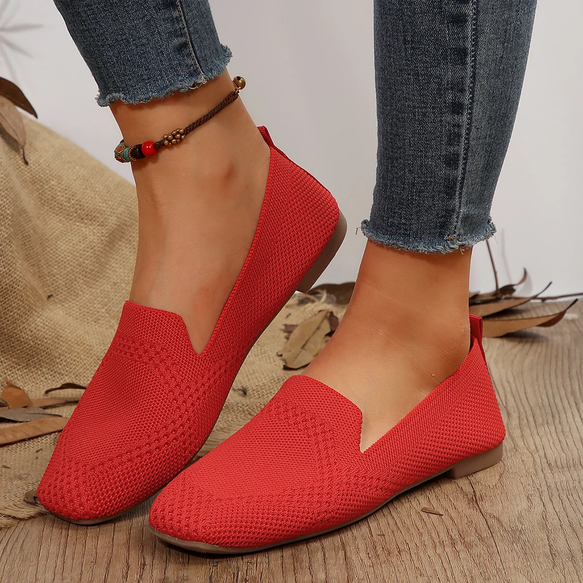 2024 Solid Color Square Toe Mesh Loafers Shoes Soft Bottom Knit Ballet Flats Shoes Casual Slip on Women Flat Shoes