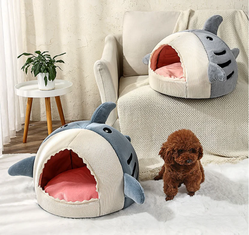 Dog Bed & Cat Bed Cartoon Shark Shape Cat Nest Big Mouth Thick Cute Animal Warm Rest and Sleep Semi-Closed Pet Mini House