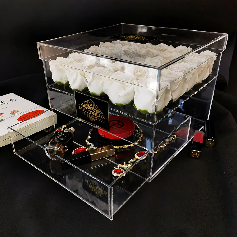 Luxury Beautiful Rose Decorative Favor Cake Gift Box For Wedding, Acrylic Flower Box With Drawer