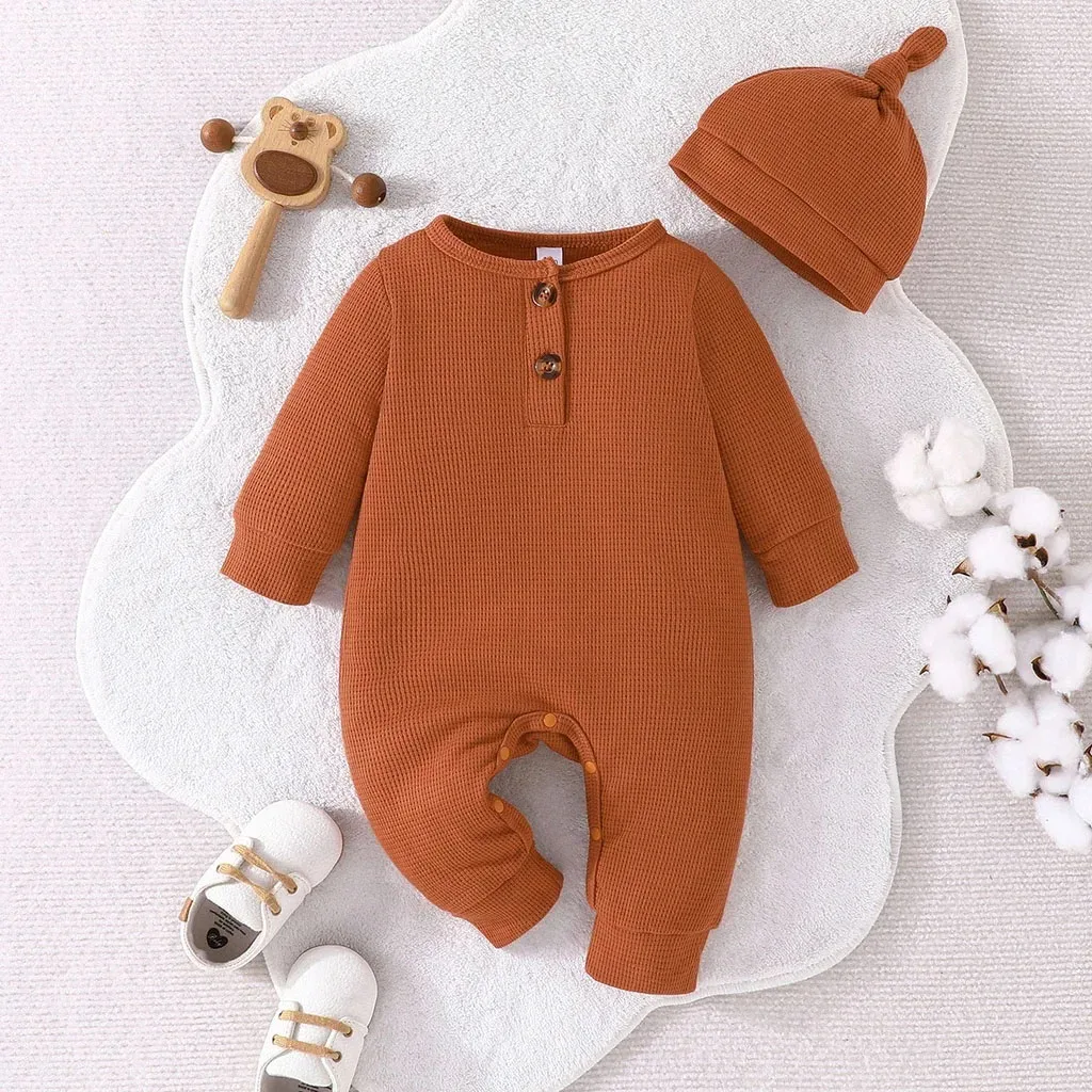 Conyson Gift Hat Set Baby Unisex Boy Girl Newborn Onesies Romper Toddler Cotton Clothing Infant Long Sleeve Tiny Button Jumpsuit