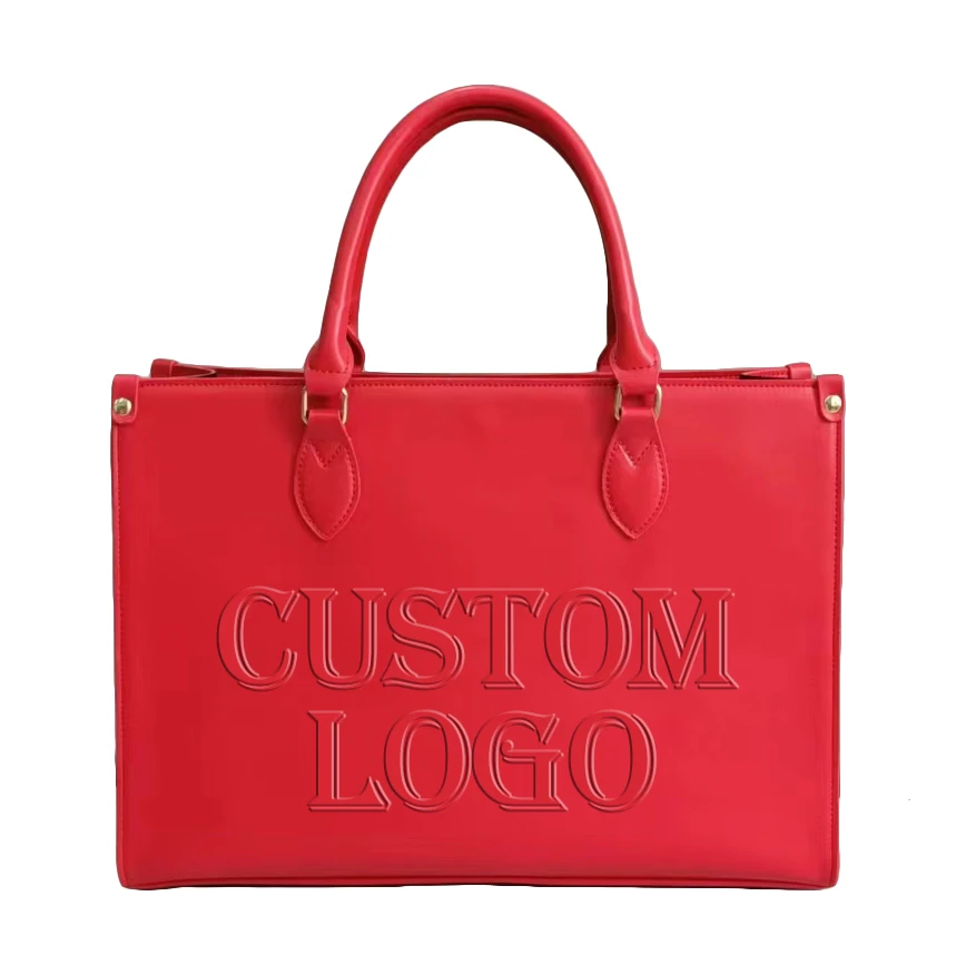 Custom Logo Red Vegan Leather Tote Bags Women Handbags Ladies Hand Bags Custom Purses with Long Strap