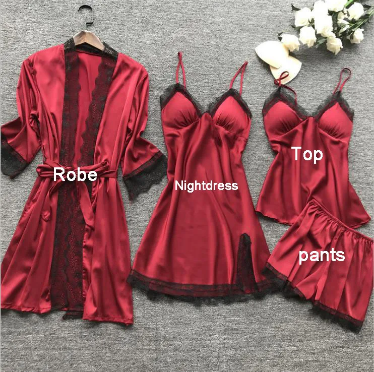 Factory Custom Logo 4 Pieces Silk Robe With Pjs S-3xl Silk Pyjama Satin Dress For Women
