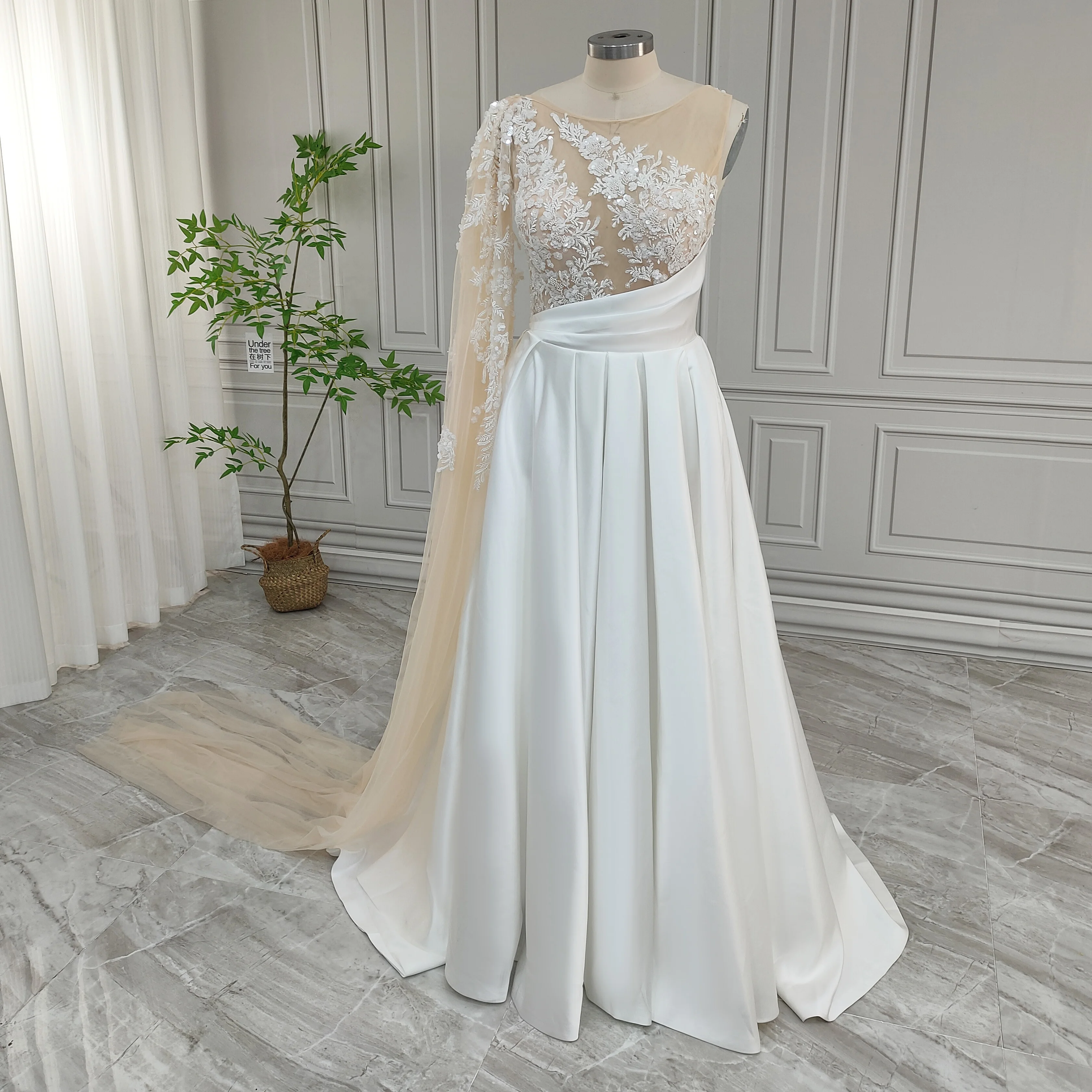 100%Real Photos High Quality Beaded Sequined Applique A-line Satin Wedding Dress Elegant Women Ball Gown Bride Dress For Wedding