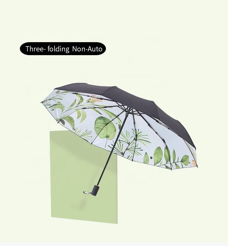 Full Automatic Umbrella Mechanism Wholesaler Compact Folding Umbrella green pink pattern printed black UV coating with UPF